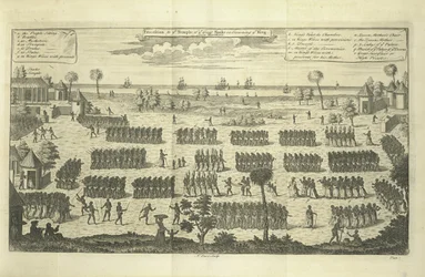 Procession till Den stora ormens tempel vid kungens kröning, illustration ur "En ny allmän samling av sjöresor och resor, ... omfattande allt märkvärdigt i sitt slag i Europa, Asien, Afrika och Amerika"