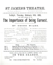 Program för en föreställning av The Importance of Being Earnest av Oscar Wilde (1854-1900) på St. James Theatre, 14 februari 1895