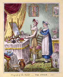 Progress of the Toilet - The Stays Plate 1, pub. av McCleary, London, 1810 (handfärgad gravyr)