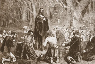Protestantisk dyrkan på natten i kyrkan i öknen, illustration från The History of Protestantism av James Aitken Wylie (1808-1890), pub. 1878