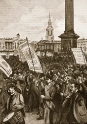 Offentligt möte på Trafalgar Square till minne av Bloody Sunday, 1892, illustration från Cassells Illustrated History of England (sepiafoto)