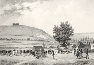 Folkskolepojkar (Charterhouse) som spelar fotboll (bw litho)