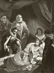 Drottning Elizabeth I på sin dödsbädd, från "The National and Domestic History of England" av William Hickman Smith Aubrey (1858-1916) publicerad i London, ca 1890