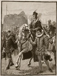 Drottning Elizabeth i Tilbury, illustration från Cassells Illustrated History of England (sepiafoto)