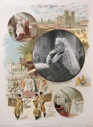 Drottning Victoria (1819-1901) avbildad vid tiden för hennes diamantjubileum 1897 tillsammans med några av de viktigaste händelserna i hennes liv, 1897