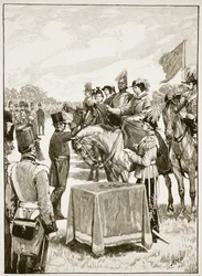 Drottning Victoria vid den första presentationen för Victoria Cross, illustration från Cassells Illustrated History of England (sepiafoto)