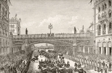 Drottning Victoria inviger Holborn Viaduct 1869, ur "The National and Domestic History of England" av William Hickman Smith Aubrey (1858-1916), utgiven i London, ca 1890