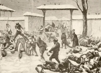 Bärande av de döda efter belägringen av Plevna, Bulgarien 1877 (litografi)