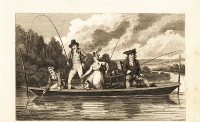 Regency gentlemen och lady fiskar på en punt i Themsen
