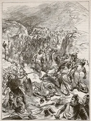Repulse of the English at Corwen, illustration från Cassells Illustrated History of England (sepiafoto)