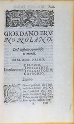 Res 28610 Första sidan av De lInfinito Universo et Mondi av Giordano Bruno, publicerad i London, 1584 (tryckt papper)
