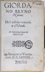 Res 28610 Titelsida för De lInfinito Universo et Mondi av Giordano Bruno, publicerad i London, 1584 (tryckt papper)