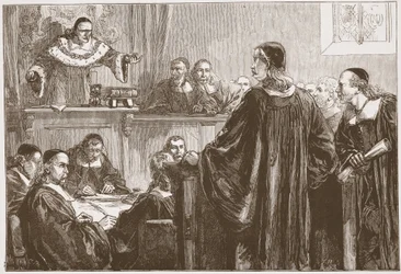 Richard Baxter inför domaren Jeffreys, illustration från The History of Protestantism av James Aitken Wylie (1808-1890), pub. 1878