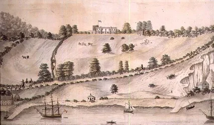 Flodlandskap med sjöfart och Dover Coach, ca 1800 (penna och tvätt) (par 72976)