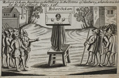 Robert Ockam stående på pelaren i staden Newberry, där han föddes, illustration från Acts and Monuments av John Foxe, nionde upplagan, pub. 1684