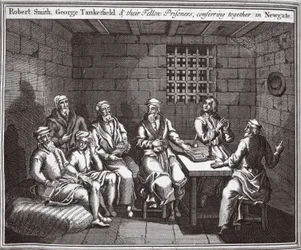 Robert Smith, George Tankerfield och deras medfångar, konfererar tillsammans i Newgate, illustration från Foxes Martyrs c.1703