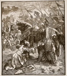 Robert ber sin far om ursäkt, illustration från Cassells Illustrated History of England (sepiafoto)