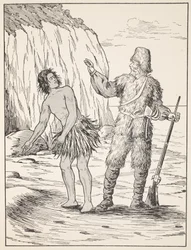 Robinson Crusoe och fredag, illustration från The Story of Robinson Crusoe: En anpassning för barn efter Defoes språk, pub. av Griffith Farran Browne & Co. Limited, London