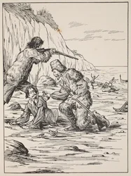 Robinson Crusoe och Friday rescuing the Spanjor, illustration från The Story of Robinson Crusoe: An adaptation for children following Defoes language, pub. av Griffith Farran Browne & Co. Limited, Lo