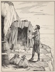 Robinson Crusoe bygger sitt härbärge, illustration från The Story of Robinson Crusoe: En anpassning för barn efter Defoes språk, pub. av Griffith Farran Browne & Co. Limited, London