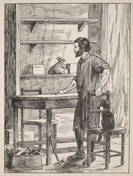 Robinson Crusoe bygger bord och stolar för sin grotta, illustration från The Story of Robinson Crusoe: An adaptation for children following Defoes language, pub. av Griffith Farran Browne & Co. Limit