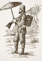 Robinson Crusoe, illustration från The Story of Robinson Crusoe: En anpassning för barn efter Defoes språk, pub. av Griffith Farran Browne & Co. Limited, London
