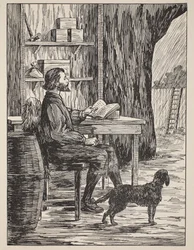 Robinson Crusoe i sin grotta, illustration från The Story of Robinson Crusoe: En anpassning för barn efter Defoes språk, pub. av Griffith Farran Browne & Co. Limited, London