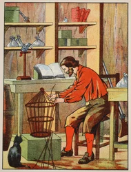 Robinson Crusoe gör en bur till sin papegoja, illustration från The Story of Robinson Crusoe: En anpassning för barn efter Defoes språk, pub. av Griffith Farran Browne & Co. Limited, London