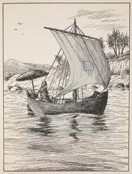 Robinson Crusoe på sin båt, illustration från The Story of Robinson Crusoe: En anpassning för barn efter Defoes språk, pub. av Griffith Farran Browne & Co. Limited, London