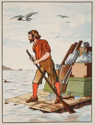 Robinson Crusoe på sin flotte, illustration från The Story of Robinson Crusoe: En anpassning för barn efter Defoes språk, pub. av Griffith Farran Browne & Co. Limited, London