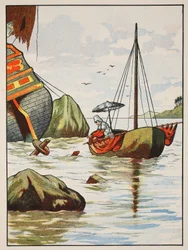 Robinson Crusoe räddar en hund från ett spanskt skeppsvrak, illustration från The Story of Robinson Crusoe: En anpassning för barn efter Defoes språk, pub. av Griffith Farran Browne & Co. Limi
