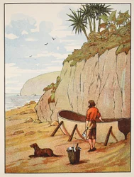 Robinson Crusoes kanot, illustration från The Story of Robinson Crusoe: En anpassning för barn efter Defoes språk, pub. av Griffith Farran Browne & Co. Limited, London