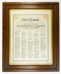 Hedersrulle, män från det kungliga myntverket som anslöt sig till krafterna under första världskriget, c.1918 (penna & bläck på papper i träram)