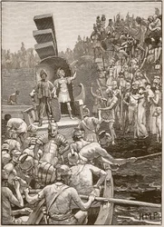 Romerska soldater lämnar Storbritannien, illustration från Cassells Illustrated History of England (sepiafoto)