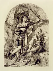 Rosalind och Touchstone, akt III, scen 2, i As You Like It, av William Shakespeare (1564-1616)