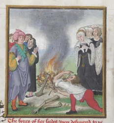 Roy 18 D II f.161 Theseus bränner kropparna av atenarna som dödats av kung Kreon av Thebe, från 