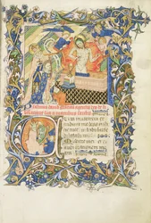 Roy 2 B I f.8 Krönad figur stödd av gråskäggigt helgon som knäböjer framför en bild av Pity, från Psalter of Humphrey Duke of Gloucester, c.1420-30 (vellum)
