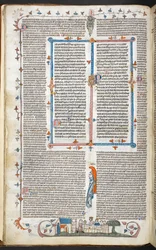 Royal 10 E. IV, f.250v Text med kantdekor och en King Dining, illustration från 