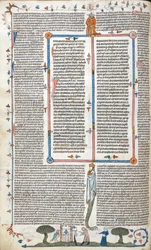 Royal 10 E. IV, f.30v, Text och bas-de-page scen av en man och en kvinna utanför en byggnad, från 