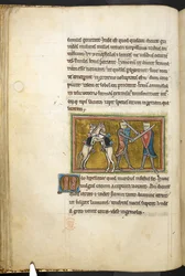 Royal 12 F.XIII, f.42v Två riddare slåss till fots med svärd, medan deras hästar slåss mot varandra på bakbenen. , från Bestiary (ff. 3-141), Lapidary (ff. 141v-149)  , 1200-talets andra kvartal (vellum)