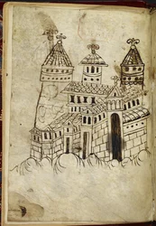 Royal 15 A. XVI Romansk byggnad med tre torn (bläck på veläng)