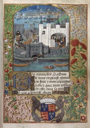 Royal 16 F. II, f.73 The Tower of London, med London Bridge bakom. Charles, hertig av Orleans, sågs skriva, stå vid ett fönster och skicka ett brev på gården