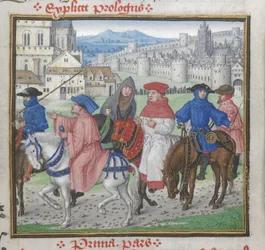 Royal 18 D. II, f.148 Prologs slut. John Lydgate och Canterbury-pilgrimerna som lämnar Canterbury, illustration från 