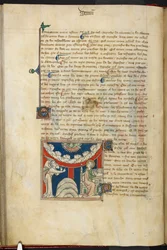 Royal 19 B.XV, f.17v En lejons mun och på en omvänd molnbåge sex huvuden som representerar de sju åskorna: nedanför, till vänster, ängeln, och till höger, Johannes på väg att skriva i boken, från 