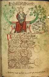 Royal 20 A. II f.8 Kung Richard I med svärd, på sin tron, illustration från 
