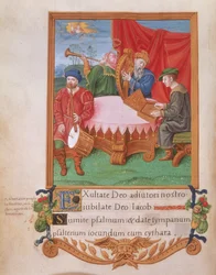 Royal 2 A.XVI fol.98v Tudor musicians, from the Psalter of Henry VIII, c.1530-47 (vellum)