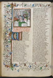 Royal MS 18 D II, f.66v, miniatyr av Hector som dödar Patroclus, med en upplyst initial 