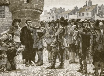Royalistiska plottrar i Salisbury som förolämpar sheriffen, illustration från Cassells Illustrated History of England (sepiafoto)