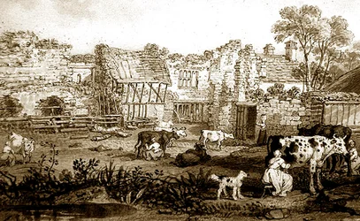 Förstörd herrgård med mjölkande kor, ca 1800 (penna & sepia bläck på papper)