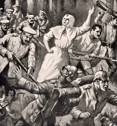 Den ryska sjuksköterskan Mira Miksailovitch Ivanoff ledande män mot tyskar, 1915, från 